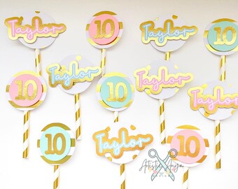 Pastel and Gold Name Age Cupcake Toppers - Set of 12 - Pink and Turquoise Decorations