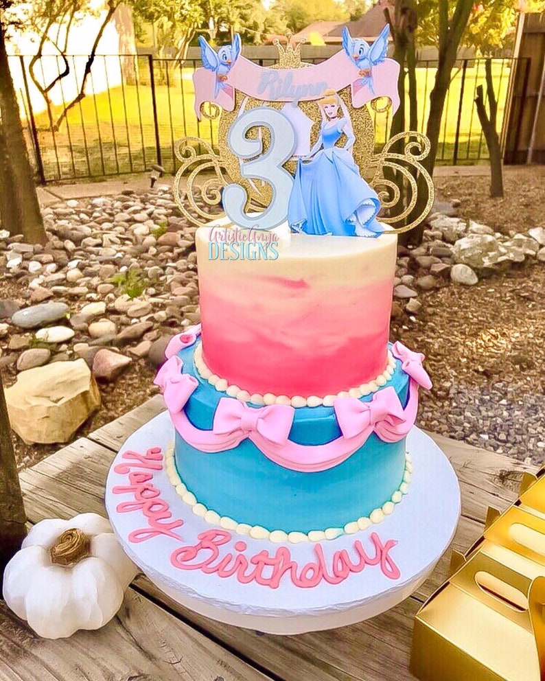 Cinderella Gold Glitter Carriage Cake Topper Princess Party Decorations Personalized Cake Topper Pink and Light Blue image 5