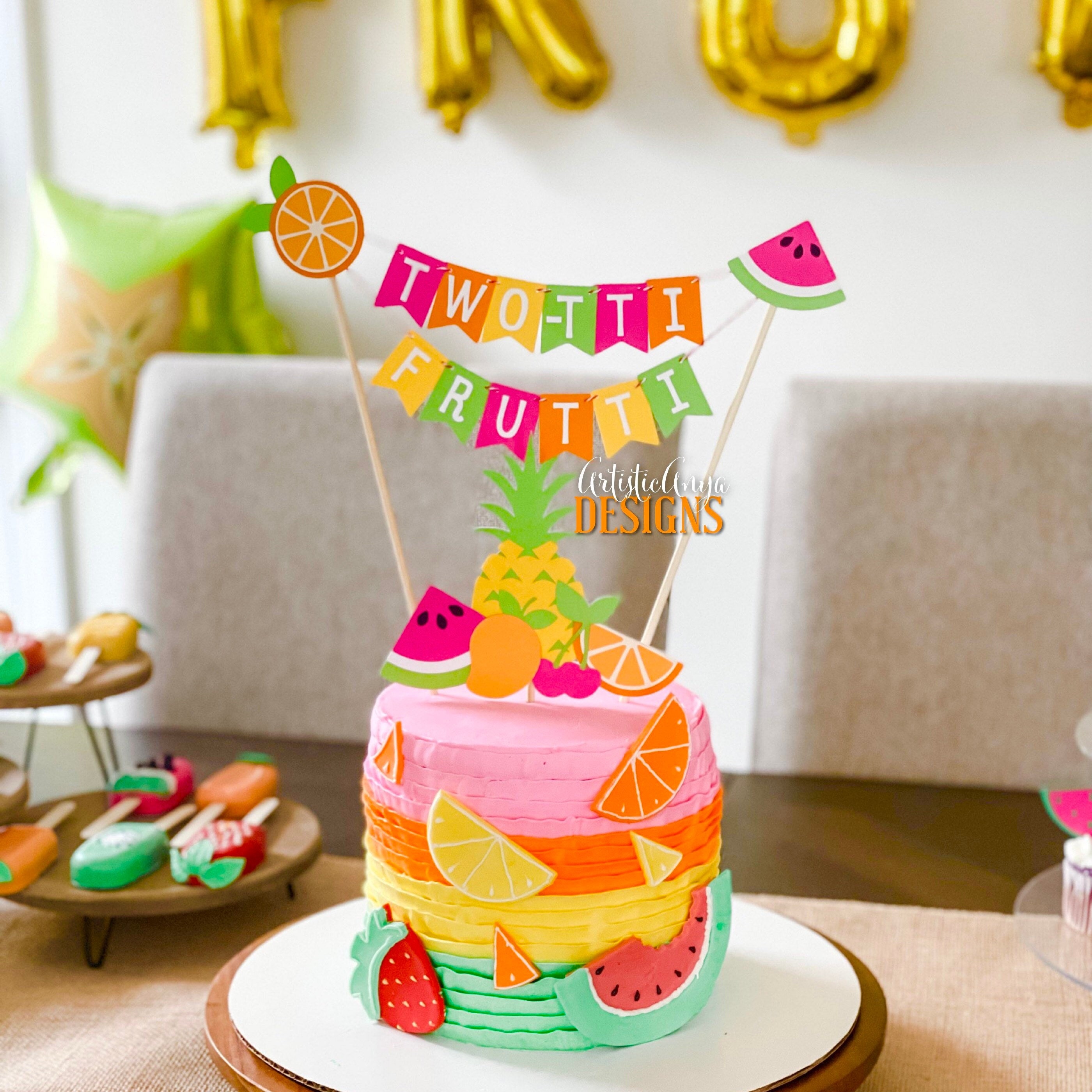 Two-tti Frutti Cake Bunting Topper With Fruit Cake Topper 2 Pc Set Tutti  Frutti Birthday Smash Cake Pink, Orange, Yellow, Lime Green 