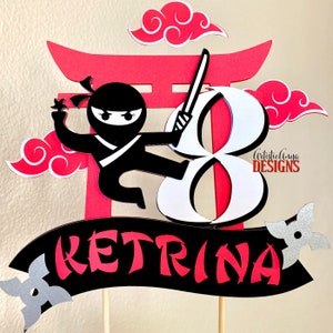 Ninja Girl or Boy Cake Topper - Ninja Warrior Decorations - Ninja Stars Personalized Cake Topper - Red Black White