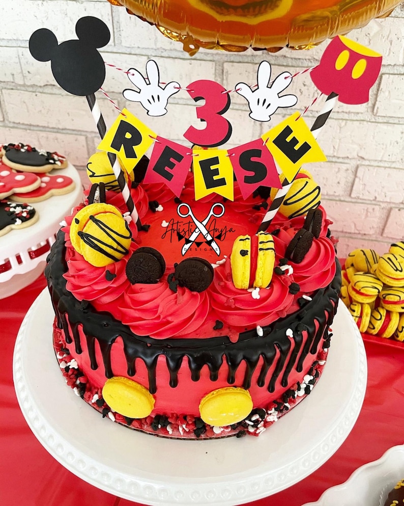 Mickey Mouse Birthday Age Cake Bunting Topper - Oh Two-dles Smash Cake - Red Yellow Black White bild 5
