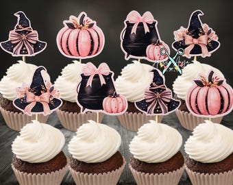 Cute Pink Halloween Cupcake Toppers - Set of 12 - Coquette Halloween Baby Brewing Theme Party Decorations