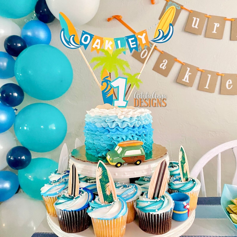 Surf Cake Bunting Topper with Age Surf Board Cake Topper 2 pc set Surfer Boy Birthday Smash Cake Blue, Aqua, Orange, Green Yellow image 7