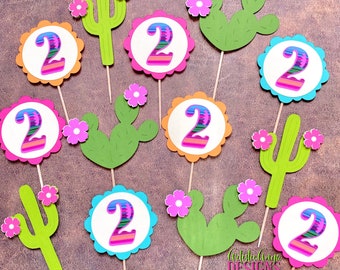 Cactus Fiesta Cupcake Toppers - Set of 12 - Cactus Themed Birthday - Fiesta Decorations - Aqua Pink Purple Green Orange