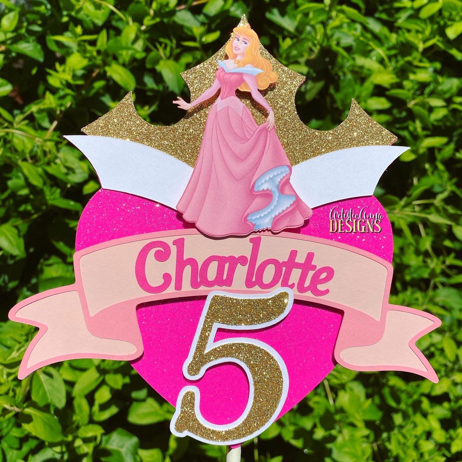 Sleeping Beauty Gold Glitter Crown Pink Heart Cake Topper - Etsy