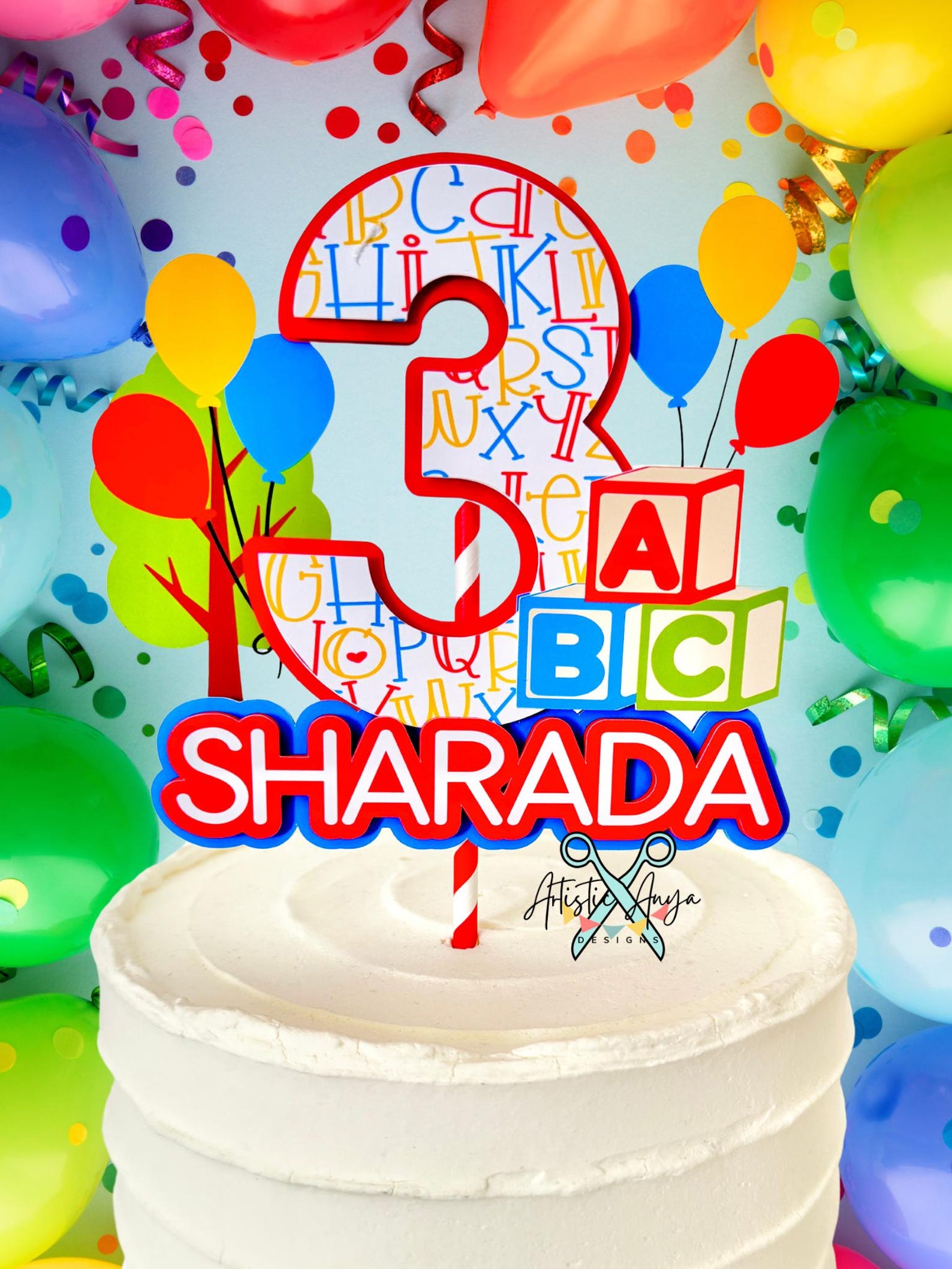 ABC Theme Cake Topper - Alphabet Birthday Decorations - Personalized ...
