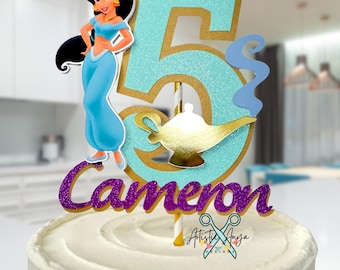 Princess Jasmine Cake Topper - Aladdin Themed Birthday - Genie Lamp - Aqua Purple Gold