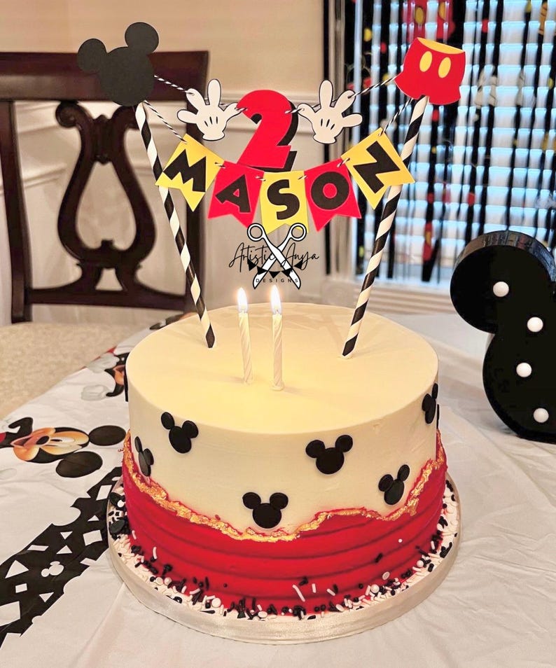 Mickey Mouse Birthday Age Cake Bunting Topper - Oh Two-dles Smash Cake - Red Yellow Black White bild 12