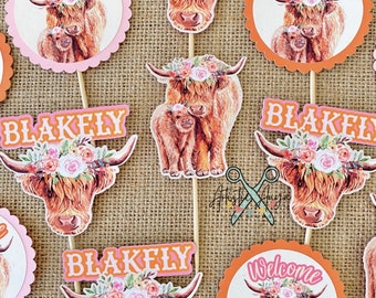 Highland Cow Cupcake Toppers with Personalized Name - Set of 12 - Pink and Burnt Orange Baby Shower Decorations