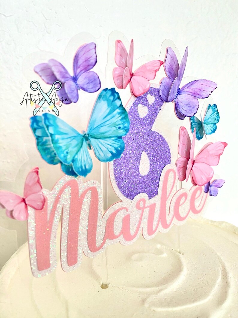 Marlee Script Butterflies Glitter Cake Topper - Butterfly Party Decorations - Purple ...