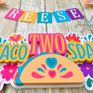 Taco Cake Bunting Topper with Taco TWOsday Cake Topper 2 pc set Fiesta Floral Birthday Smash Cake Pink, Yellow, Teal, Blue, Purple image 6