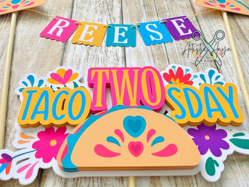 Taco Cake Bunting Topper with Taco TWOsday Cake Topper 2 pc set Fiesta Floral Birthday Smash Cake Pink, Yellow, Teal, Blue, Purple image 6