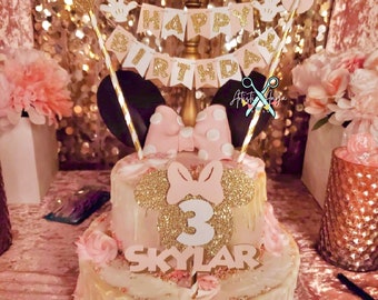 Gold Glitter Pink Minnie Mouse Happy Birthday Cake Bunting Name
