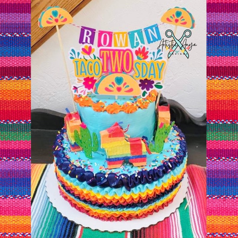 Taco Cake Bunting Topper with Taco TWOsday Cake Topper 2 pc set Fiesta Floral Birthday Smash Cake Pink, Yellow, Teal, Blue, Purple image 2