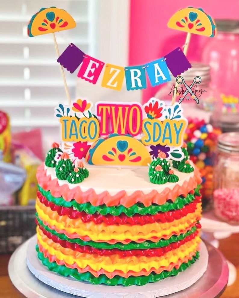 Taco Cake Bunting Topper with Taco TWOsday Cake Topper 2 pc set Fiesta Floral Birthday Smash Cake Pink, Yellow, Teal, Blue, Purple image 1