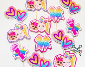 Jojo Siwa Bow Cupcake Toppers - Set of 12 - Rainbow Themed Birthday - Purple Pink Glitter