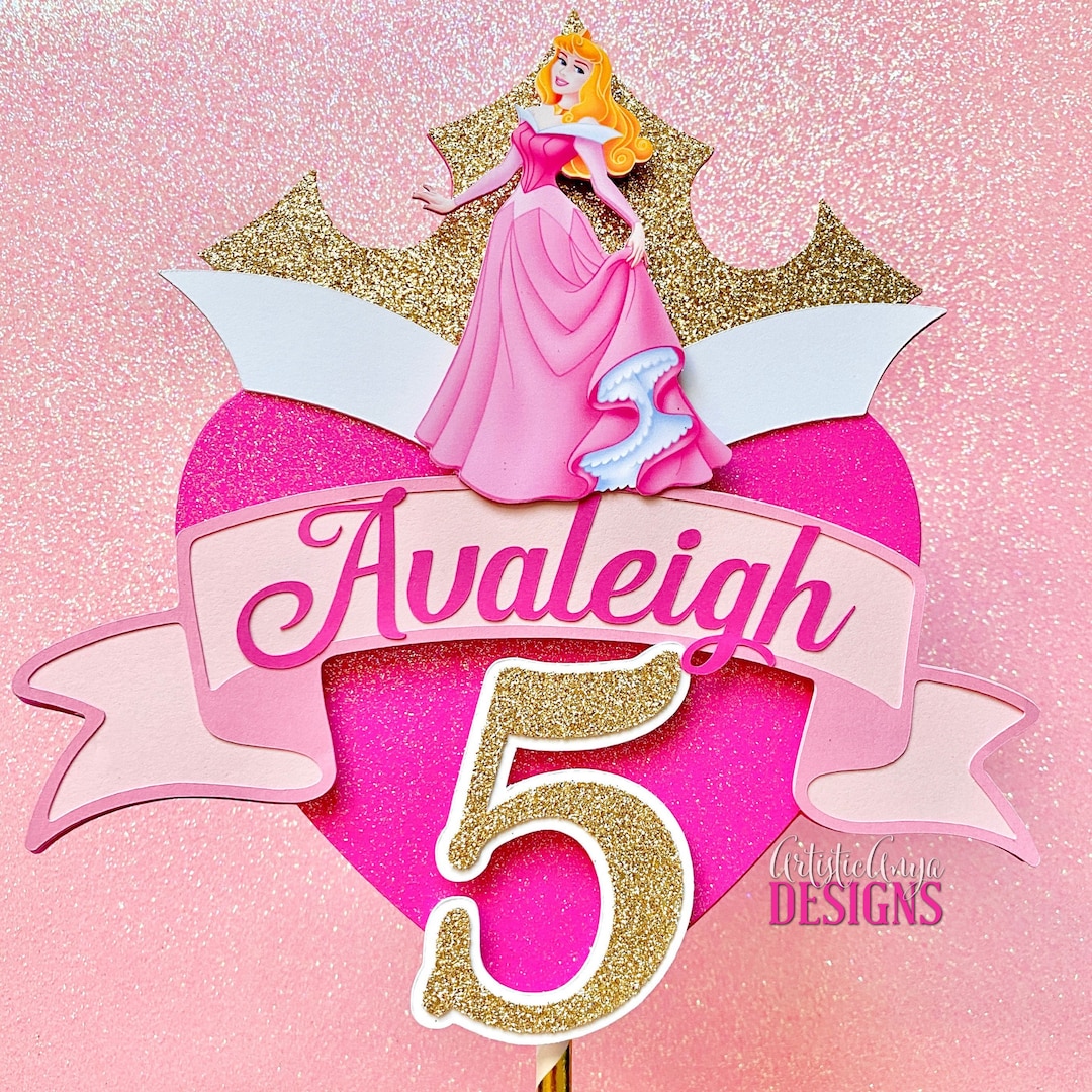 Sleeping Beauty Gold Glitter Crown Pink Heart Cake Topper - Princess ...