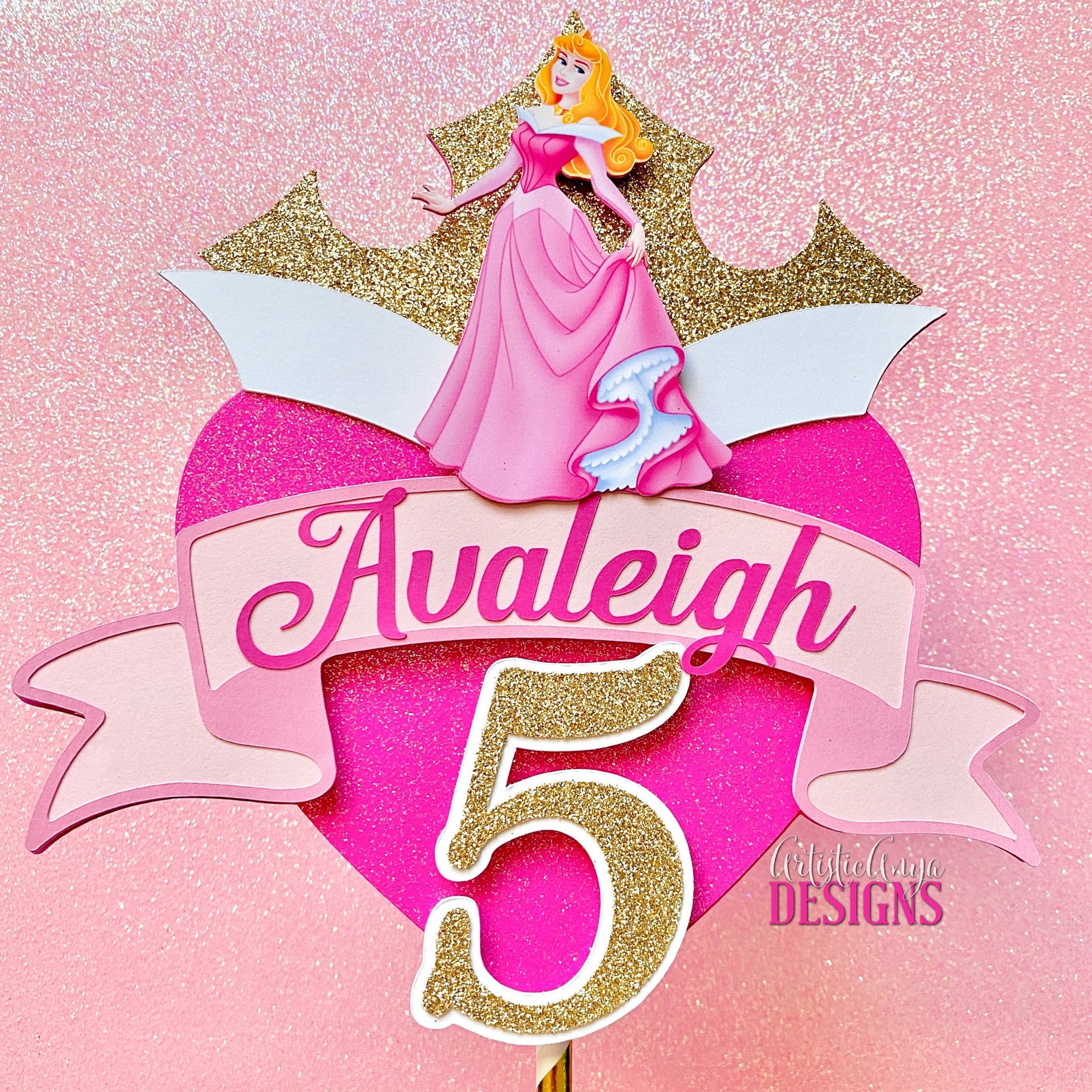 Sleeping Beauty Gold Glitter Crown Pink Heart Cake Topper - Princess ...