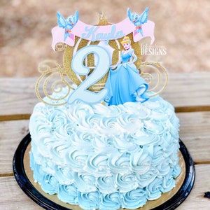 Cinderella Gold Glitter Carriage Cake Topper Princess Party Decorations Personalized Cake Topper Pink and Light Blue image 10