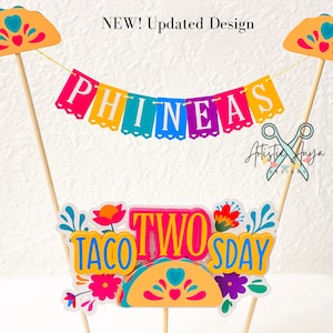Taco Cake Bunting Topper with Taco TWOsday Cake Topper 2 pc set Fiesta Floral Birthday Smash Cake Pink, Yellow, Teal, Blue, Purple image 7