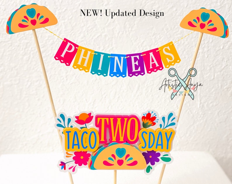 Taco Cake Bunting Topper with Taco TWOsday Cake Topper 2 pc set Fiesta Floral Birthday Smash Cake Pink, Yellow, Teal, Blue, Purple image 7