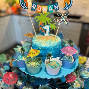 Surf Cake Bunting Topper with Age Surf Board Cake Topper 2 pc set Surfer Boy Birthday Smash Cake Blue, Aqua, Orange, Green Yellow image 10