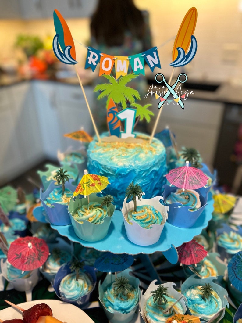 Surf Cake Bunting Topper with Age Surf Board Cake Topper 2 pc set Surfer Boy Birthday Smash Cake Blue, Aqua, Orange, Green Yellow image 10