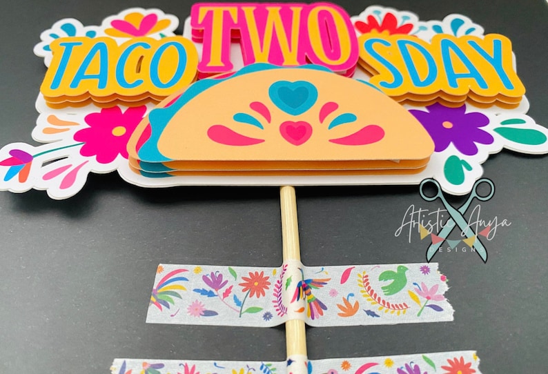 Taco Cake Bunting Topper with Taco TWOsday Cake Topper 2 pc set Fiesta Floral Birthday Smash Cake Pink, Yellow, Teal, Blue, Purple image 8