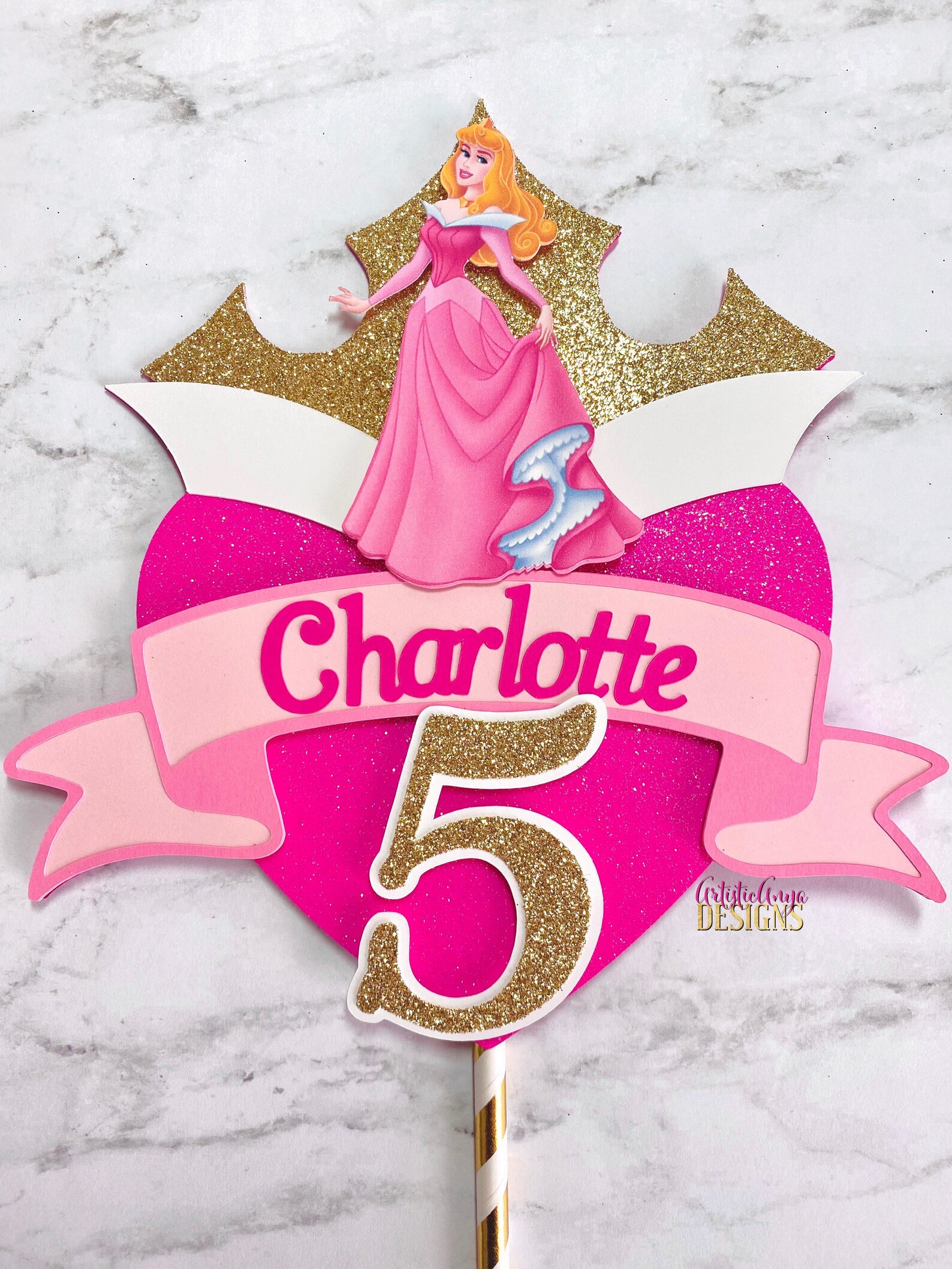 Sleeping Beauty Gold Glitter Crown Pink Heart Cake Topper - Etsy