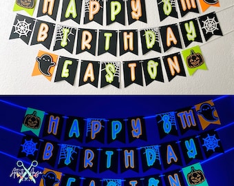 Halloween Neon Glow Birthday Banner - Glow Birthday Party - Pumpkins Ghosts