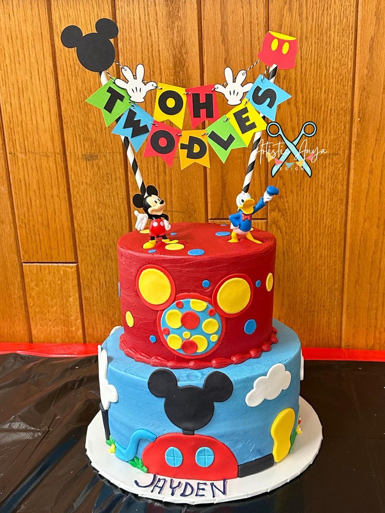 Mickey Mouse Clubhouse Birthday Cake Bunting Topper - Oh Two-dles Cake - Mickey Mouse Party - Red Yellow Orange Blue Green Black White immagine 11