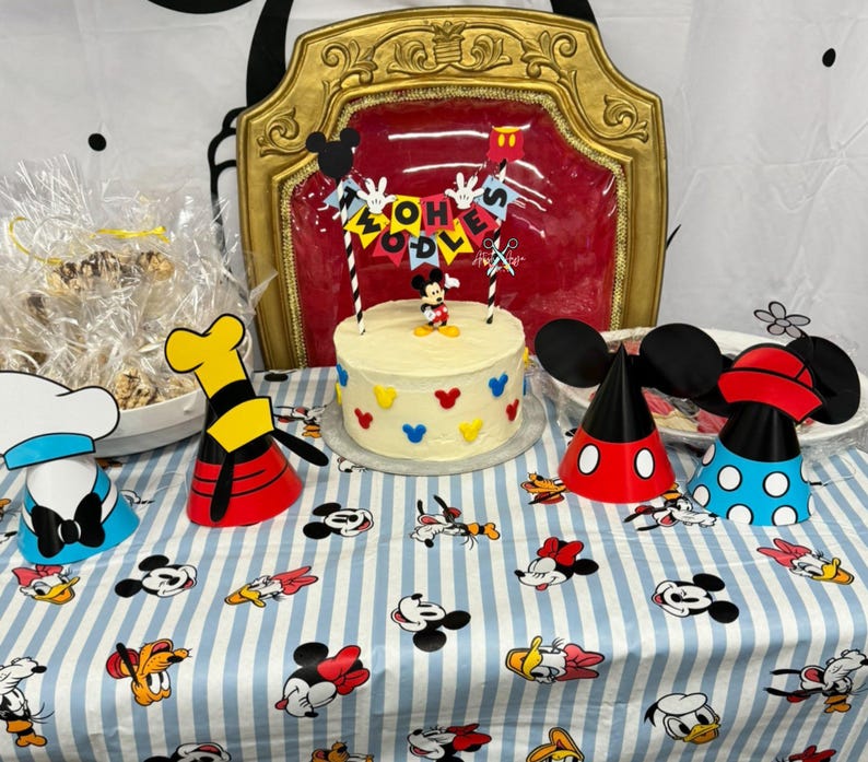 Mickey Mouse Birthday Age Cake Bunting Topper - Oh Two-dles Smash Cake - Red Yellow Black White Red,Yellow,BabyBlue