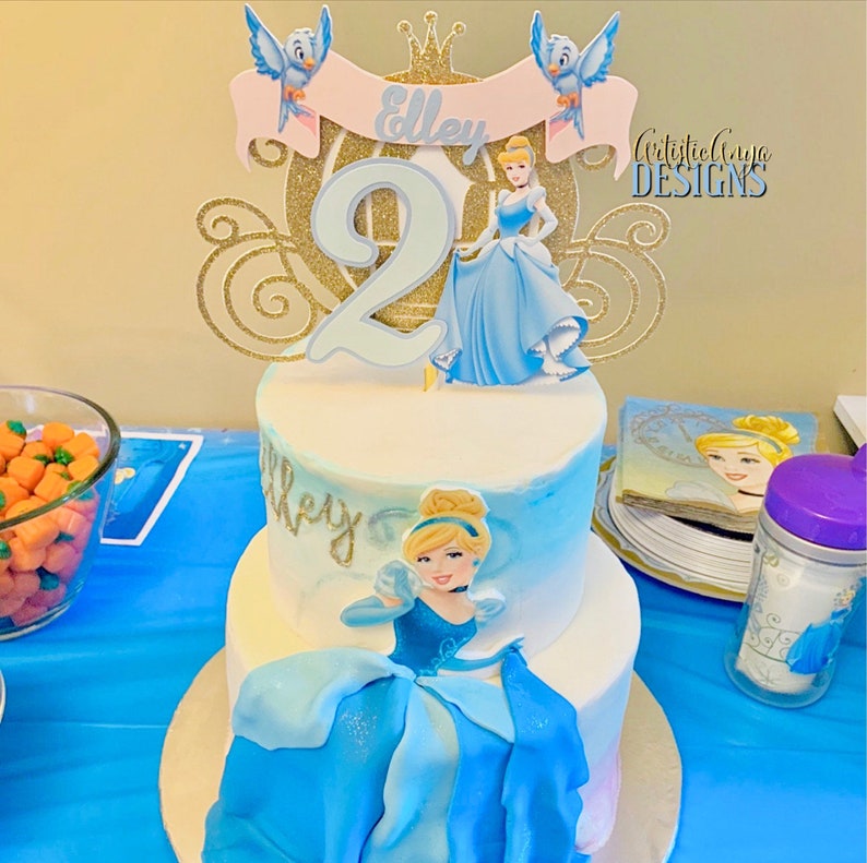 Cinderella Gold Glitter Carriage Cake Topper Princess Party Decorations Personalized Cake Topper Pink and Light Blue image 9