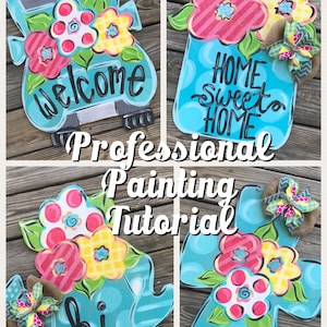 May include: Four DIY door hangers painted in a turquoise blue color with floral designs and welcome messages. The designs include a truck, a mason jar, a watering can, and a cross. Each design features a different welcome message: "Welcome", "Home Sweet Home", "Hi", and a cross with no text.