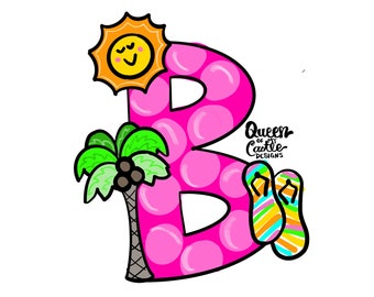 Op de afbeelding: Roze letter B met witte stippen, een glimlachende gele zon, een groene palmboom en kleurrijke slippers. De letter is versierd met een zomers thema.