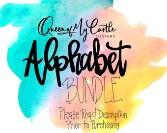 May include: A digital art graphic with the text "Queen of My Castle DESIGNS Alphabet BUNDLE". The text is in black, with a watercolor background of blue, turquoise, pink, and yellow.