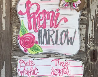 Personalized Baby Door Hanger -  Birth Announcement - Hospital Door Hanger - Baby Girl Nursery  - Nursery Decor - Baby Gift  - Mom to Be