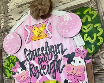 Personalized Baby Door Hanger -  Birth Announcement - Hospital Door Hanger - Baby Girl Nursery - Farm Animals - Nursery Decor