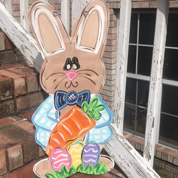 Happy Easter Wooden Hanging Sign Easter Colorful Eggs Bunny Sign Door  Decoration Rustic Easter Wood Wreath Sign for Easter Spring Holiday Front  Door
