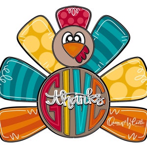 Könnte beinhalten: Ein farbenfrohes Thanksgiving-Truthahn-Design mit dem Wort "GIVE THANKS" in einem Kreis. Der Truthahn besteht aus verschiedenen farbigen Federn mit Punkten, Streifen und Wirbeln. Das Design ist perfekt für ein Thanksgiving-Bastelprojekt oder eine Dekoration.