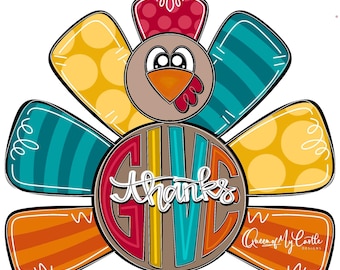 Puede incluir: Un diseño de pavo de Acción de Gracias colorido con la palabra "GIVE THANKS" en un círculo. El pavo está hecho de plumas de diferentes colores con lunares, rayas y remolinos. El diseño es perfecto para una manualidad o decoración de Acción de Gracias.