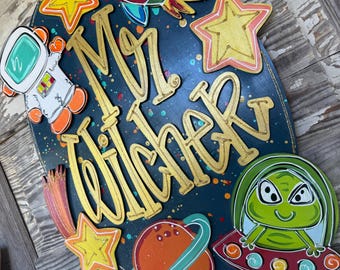 Teacher Door Hanger - Personalized Teacher Sign - Teacher Gift - Classroom Decor - Back to School - outer space theme