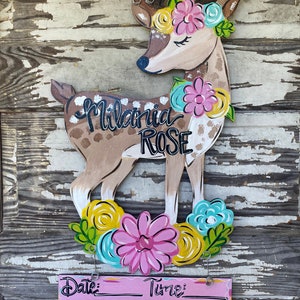 Personalized Baby Door Hanger -  Birth Announcement - Hospital Door Hanger - Baby Girl Nursery - woodland creatures - Nursery Decor - deer