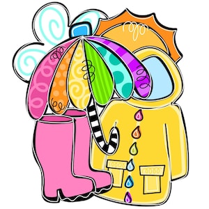 May include: A colorful umbrella with a striped handle, a pair of pink rain boots, and a yellow raincoat with rainbow raindrops. The raincoat has a hood and pockets.