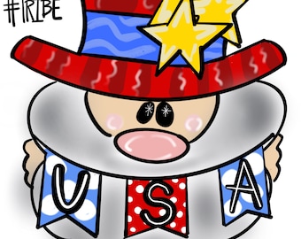 Op de afbeelding: Een patriottisch stripfiguur met een rood, wit en blauw hoge hoed versierd met gele sterren. Het personage houdt een spandoek vast met de tekst "USA" met rode en witte stippen en blauwe wolkenpatronen. De tekst "#TRIBE" en "Queen of my Castle Designs" is inbegrepen.