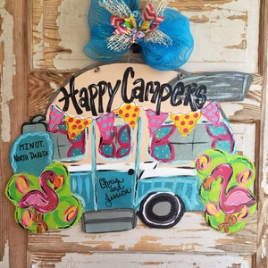 Retro Camper - Camping Door Hanger - Camper Decor - Camper Flamingo Door Hanger - Custom Camper Sign - Camping decor