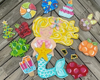 Mermaid Door Hanger - Door Hanger - Summer Door Hanger - Initial Door Hanger - Interchangeable Sign - Year Round Decor - wreath