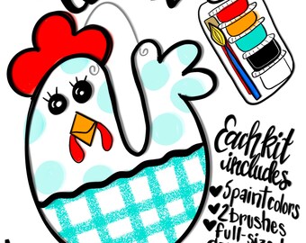 May include: Paint like a Queen craft kit featuring a white chicken with a blue and white checkered pattern. The kit includes five paint colors, two brushes, a full-sized door hanger, easy-to-follow paint lines, pre-drilled holes, and wire for hanging.