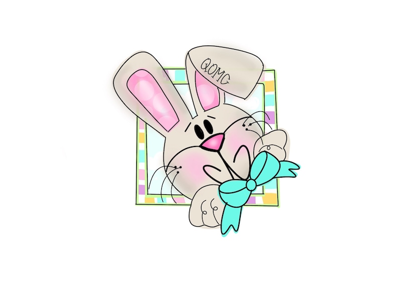 Puede incluir: Ilustraci&oacute;n de dibujos animados de un conejito asom&aacute;ndose por un marco colorido. El conejito tiene una cara de color canela claro, orejas internas rosas y una nariz rosa. Lleva un lazo azul claro. El texto "QOMG" est&aacute; en la oreja del conejito.