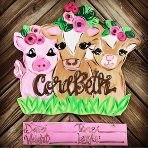 Personalized Baby Door Hanger -  Birth Announcement - Hospital Door Hanger - Baby Girl Nursery - Farm Animals - Nursery Decor